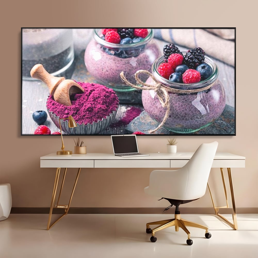Tablou canvas cu natura moarta cu desert si fructe de padure, in rama de aluminiu negru, pe perete intr-un birou